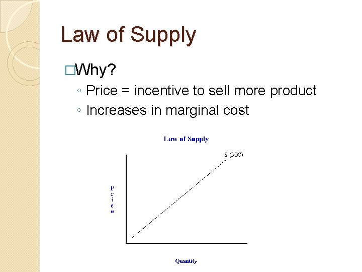 Law of Supply �Why? ◦ Price = incentive to sell more product ◦ Increases
