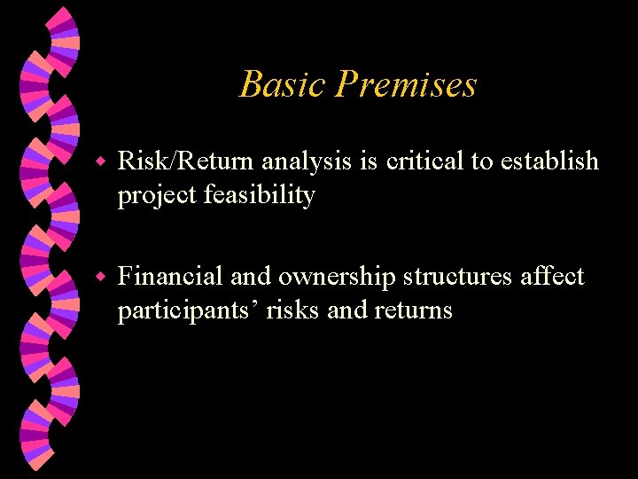 Basic Premises w Risk/Return analysis is critical to establish project feasibility w Financial and