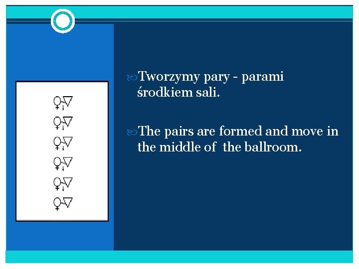  Tworzymy pary - parami środkiem sali. The pairs are formed and move in