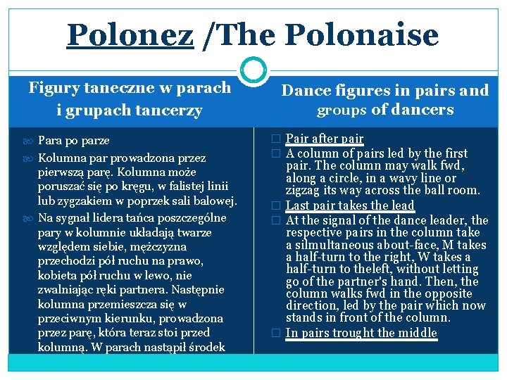 Polonez /The Polonaise Figury taneczne w parach i grupach tancerzy Para po parze Kolumna