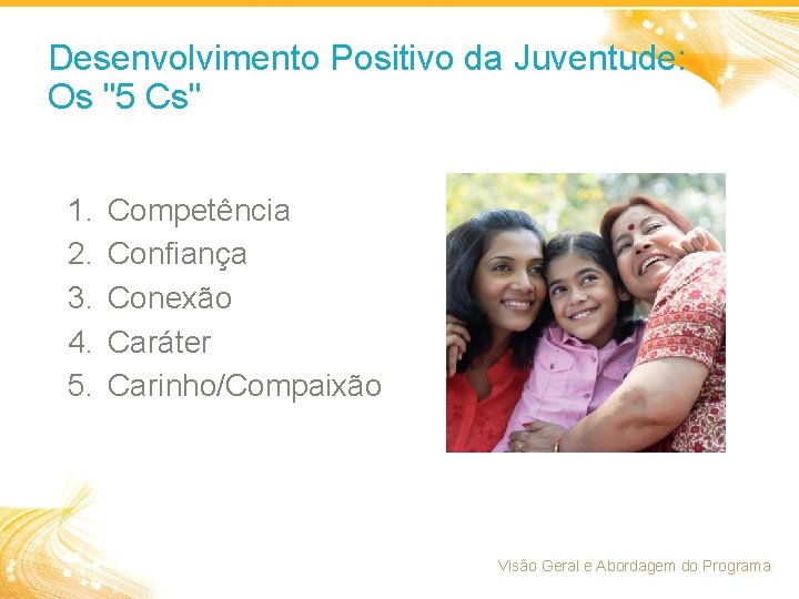 Desenvolvimento Positivo da Juventude: Os "5 Cs" 1. 2. 3. 4. 5. Competência Confiança