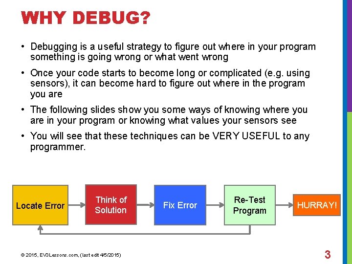 WHY DEBUG? • Debugging is a useful strategy to figure out where in your