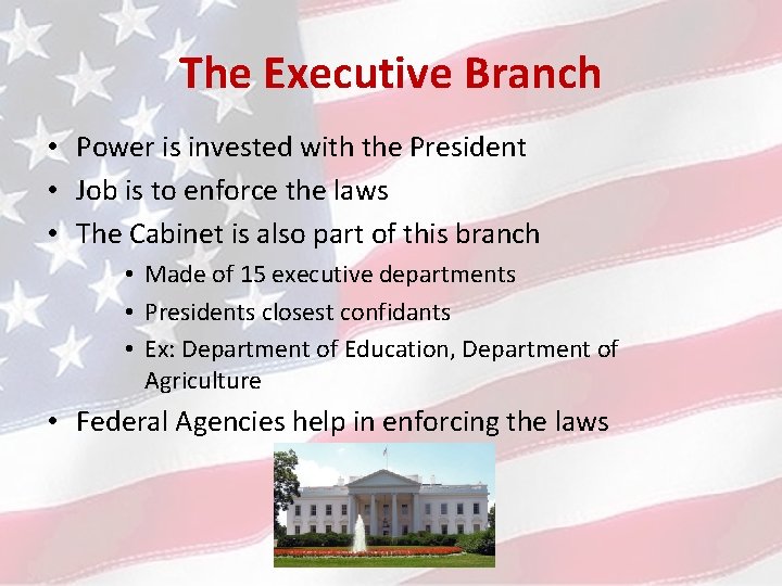 The Executive Branch • Power is invested with the President • Job is to