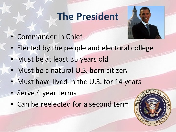 The President • • Commander in Chief Elected by the people and electoral college