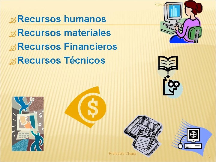12/12/2021 Recursos humanos Recursos materiales Recursos Financieros Recursos Técnicos Profesora Chapa 3 