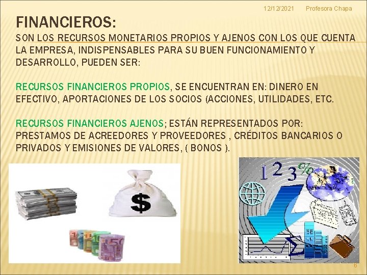 12/12/2021 Profesora Chapa FINANCIEROS: SON LOS RECURSOS MONETARIOS PROPIOS Y AJENOS CON LOS QUE