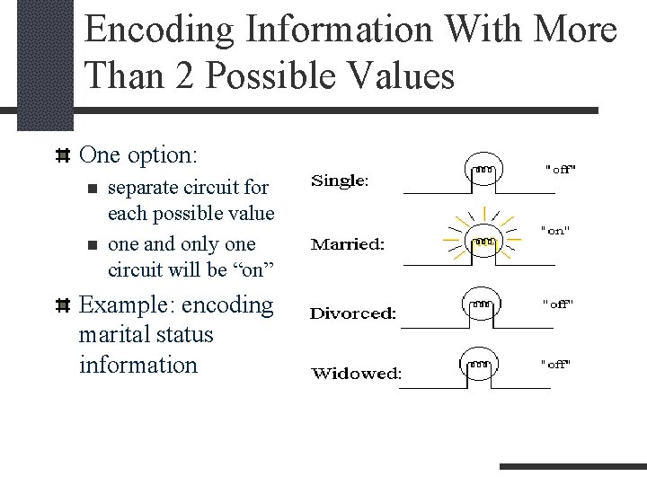 Encoding Information With More Than 2 Possible Values One option: n n separate circuit