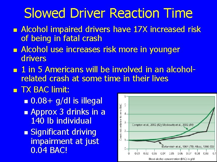 Slowed Driver Reaction Time n n Alcohol impaired drivers have 17 X increased risk