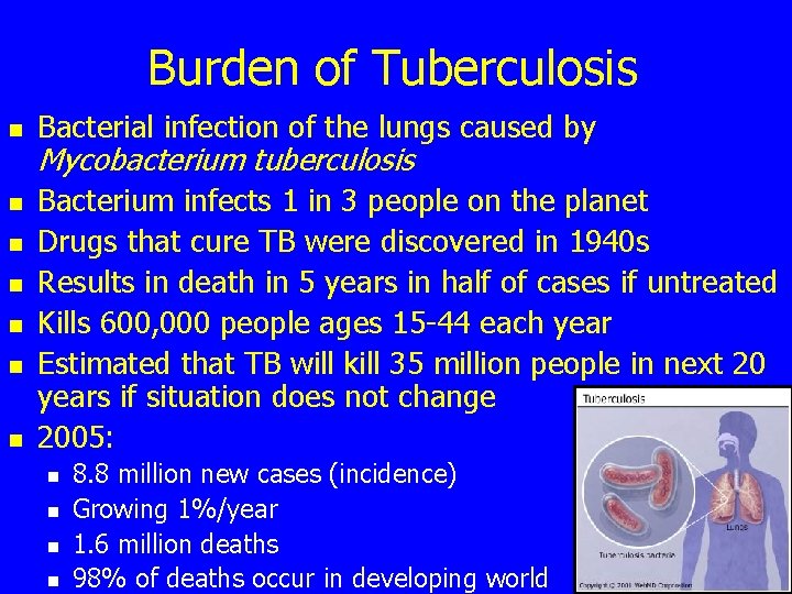 Burden of Tuberculosis n n n n Bacterial infection of the lungs caused by