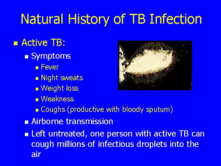 Natural History of TB Infection n Active TB: n Symptoms Fever n Night sweats