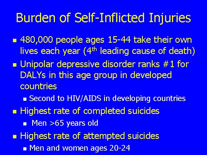 Burden of Self-Inflicted Injuries n n 480, 000 people ages 15 -44 take their