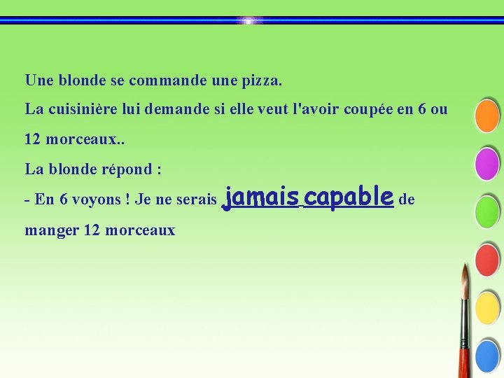 Une blonde se commande une pizza. La cuisinière lui demande si elle veut l'avoir