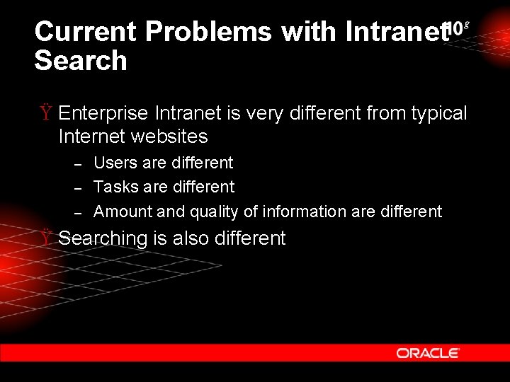 Current Problems with Intranet Search Ÿ Enterprise Intranet is very different from typical Internet