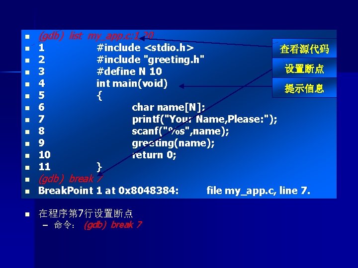 n n n n (gdb) list my_app. c: 1, 20 动态调试举例 #include <stdio. h>