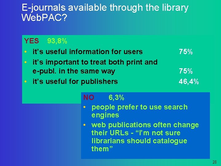 E-journals available through the library Web. PAC? YES 93, 8% • it’s useful information