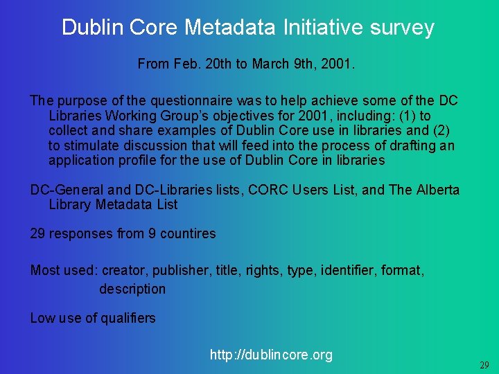 Dublin Core Metadata Initiative survey From Feb. 20 th to March 9 th, 2001.