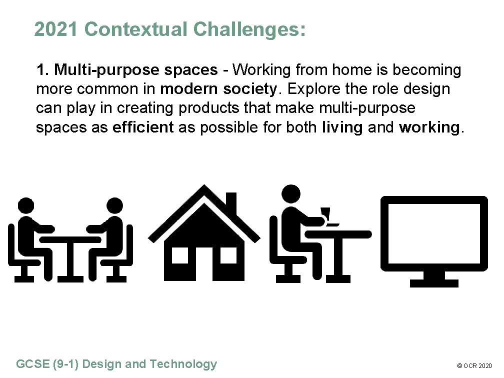 2021 Contextual Challenges: 1. Multi-purpose spaces - Working from home is becoming more common