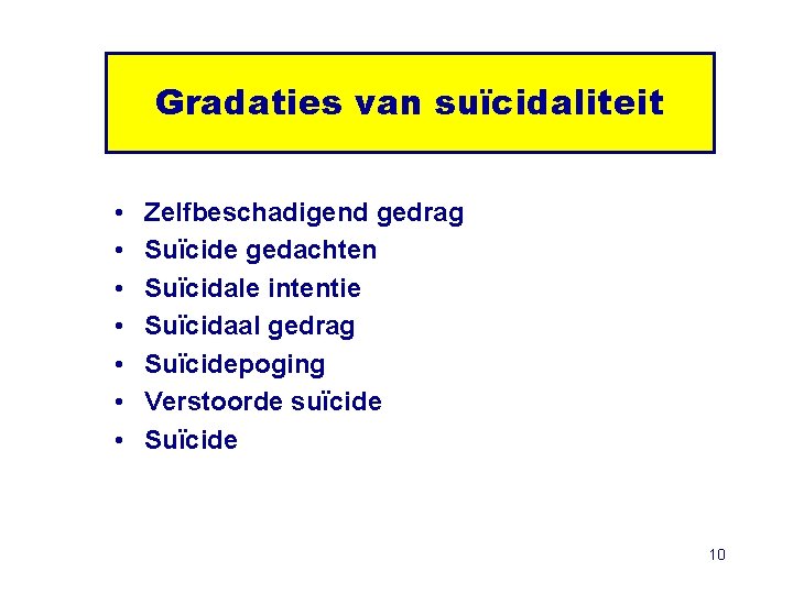 Gradaties van suïcidaliteit • • Zelfbeschadigend gedrag Suïcide gedachten Suïcidale intentie Suïcidaal gedrag Suïcidepoging