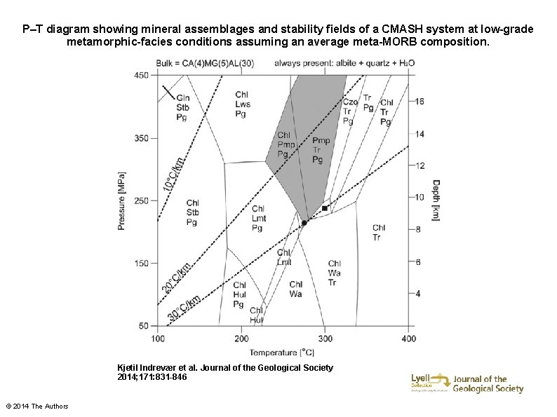 P–T diagram showing mineral assemblages and stability fields of a CMASH system at low-grade