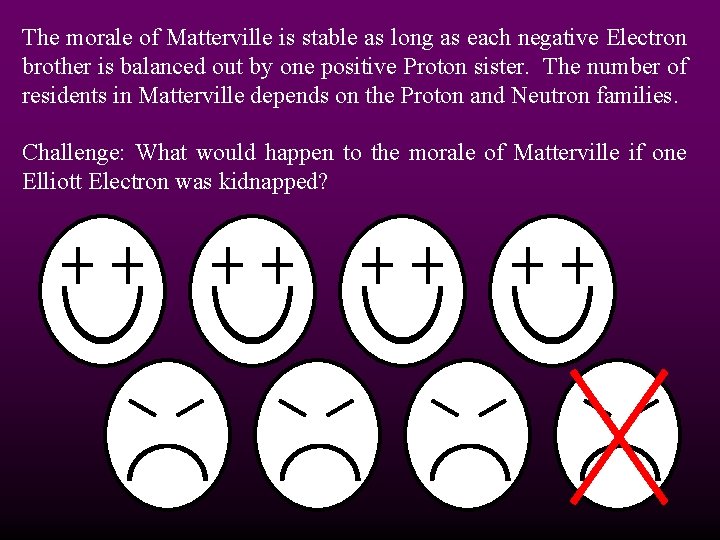 The morale of Matterville is stable as long as each negative Electron brother is