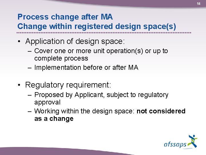 14 Process change after MA Change within registered design space(s) • Application of design