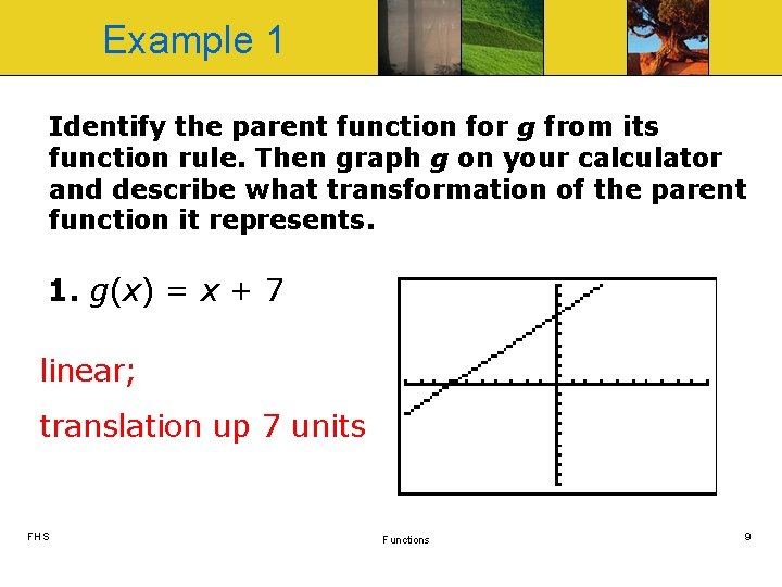 Example 1 Identify the parent function for g from its function rule. Then graph