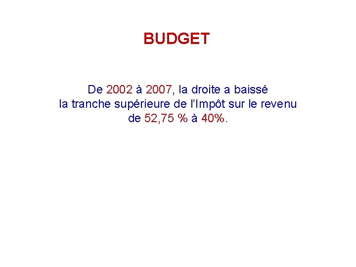 BUDGET De 2002 à 2007, la droite a baissé la tranche supérieure de l’Impôt