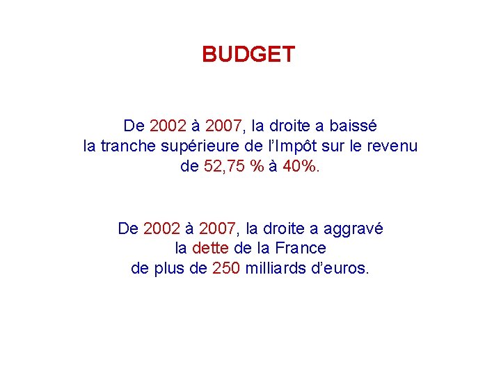 BUDGET De 2002 à 2007, la droite a baissé la tranche supérieure de l’Impôt