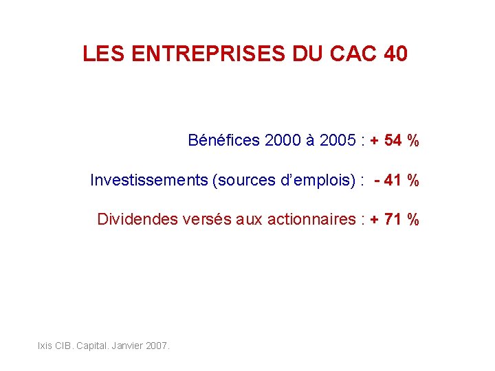 LES ENTREPRISES DU CAC 40 Bénéfices 2000 à 2005 : + 54 % Investissements