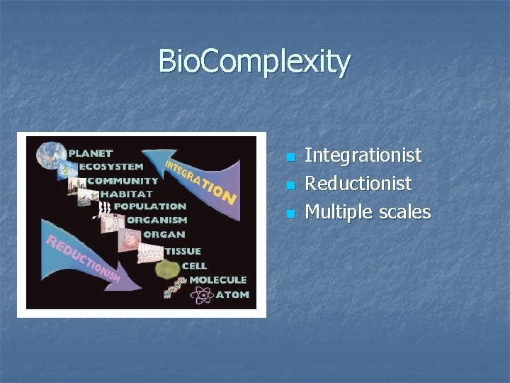 Bio. Complexity n n n Integrationist Reductionist Multiple scales 