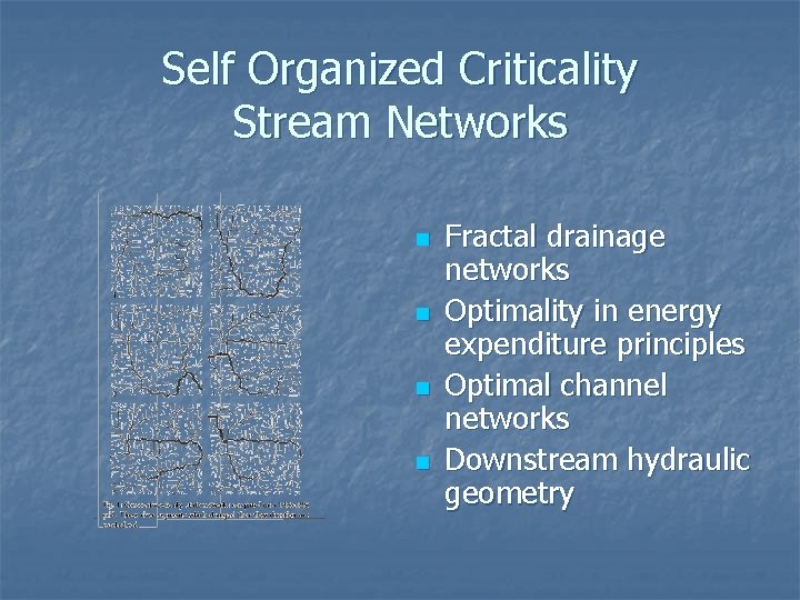 Self Organized Criticality Stream Networks n n Fractal drainage networks Optimality in energy expenditure