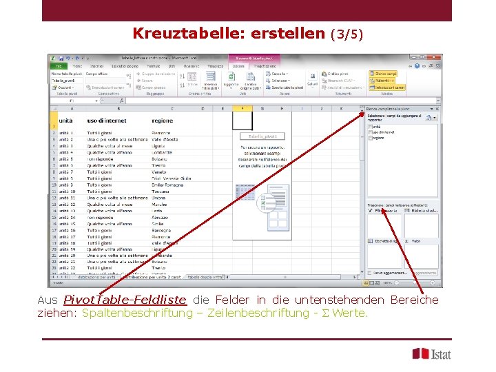 Kreuztabelle: erstellen (3/5) Aus Pivot. Table-Feldliste die Felder in die untenstehenden Bereiche ziehen: Spaltenbeschriftung