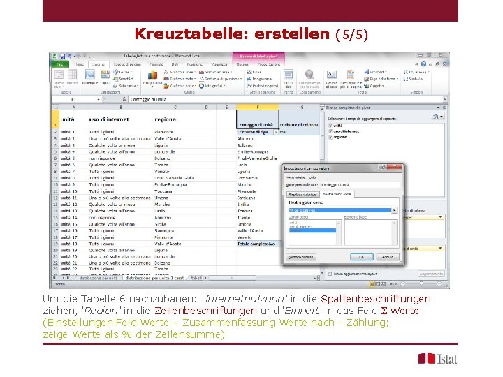 Kreuztabelle: erstellen (5/5) Um die Tabelle 6 nachzubauen: ‘Internetnutzung’ in die Spaltenbeschriftungen ziehen, ‘Region’