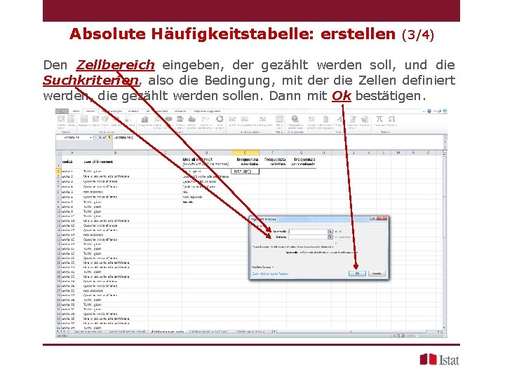 Absolute Häufigkeitstabelle: erstellen (3/4) Den Zellbereich eingeben, der gezählt werden soll, und die Suchkriterien,