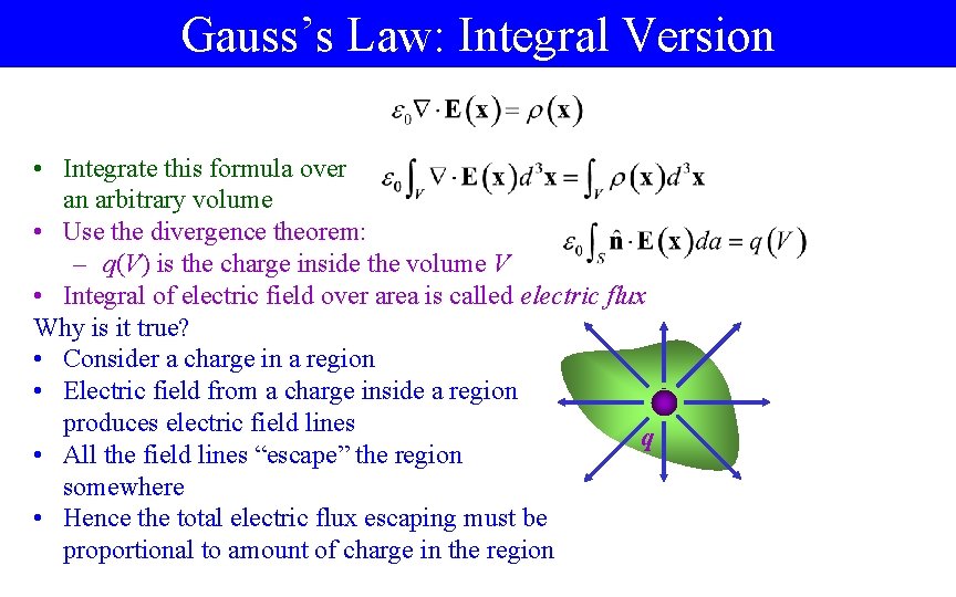 Gauss’s Law: Integral Version • Integrate this formula over an arbitrary volume • Use