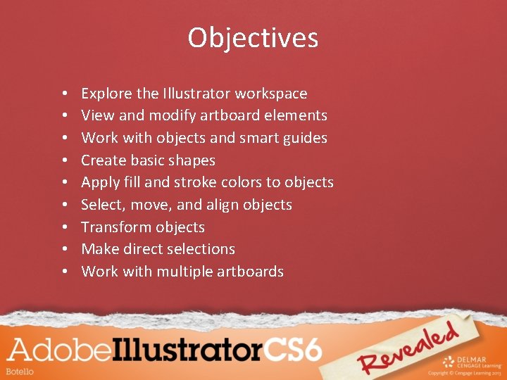 Objectives • • • Explore the Illustrator workspace View and modify artboard elements Work