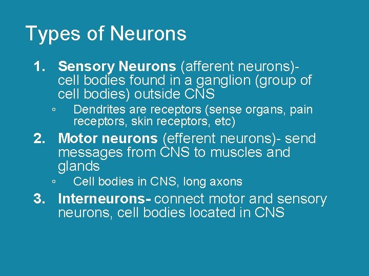 Types of Neurons 1. Sensory Neurons (afferent neurons)cell bodies found in a ganglion (group