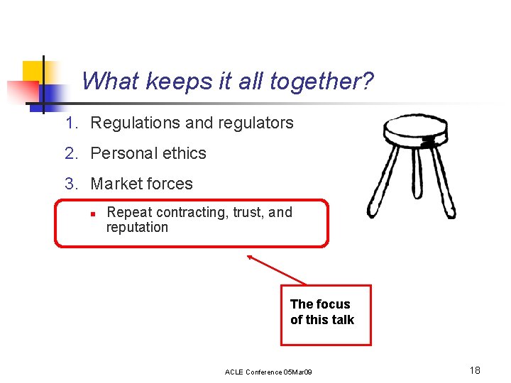 What keeps it all together? 1. Regulations and regulators 2. Personal ethics 3. Market
