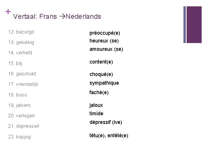 + Vertaal: Frans Nederlands 12. bezorgd préoccupé(e) 13. gelukkig heureux (se) 14. verliefd amoureux