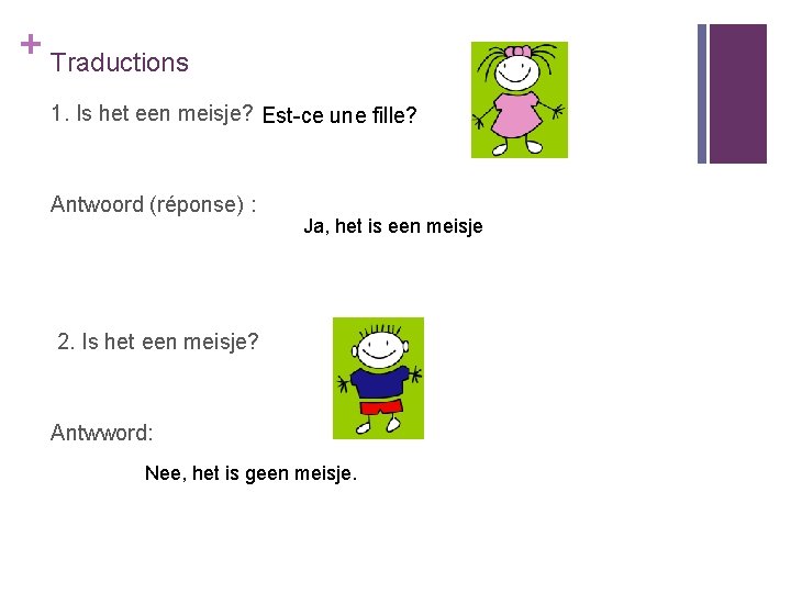 + Traductions 1. Is het een meisje? Est-ce une fille? Antwoord (réponse) : Ja,