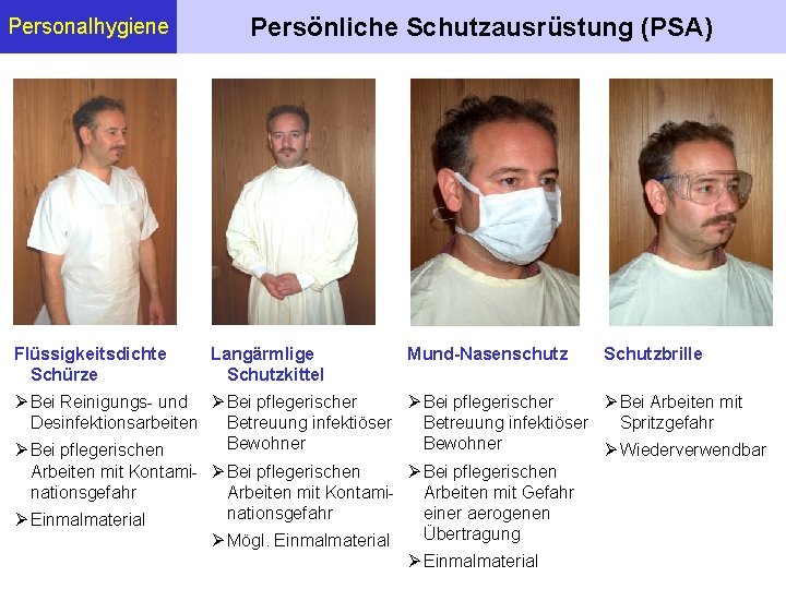 Personalhygiene Flüssigkeitsdichte Schürze Persönliche Schutzausrüstung (PSA) Langärmlige Schutzkittel Mund-Nasenschutz Schutzbrille Bei pflegerischer Bei Reinigungs-