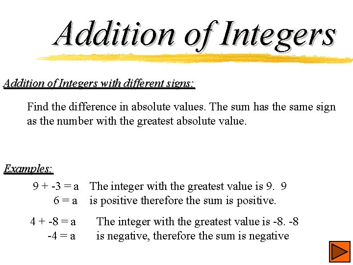 Addition of Integers with different signs: Find the difference in absolute values. The sum