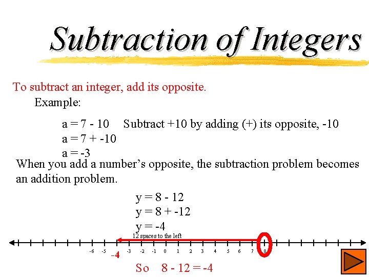 Subtraction of Integers To subtract an integer, add its opposite. Example: a = 7