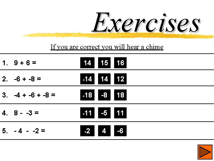 Exercises If you are correct you will hear a chime 1. 9 + 6