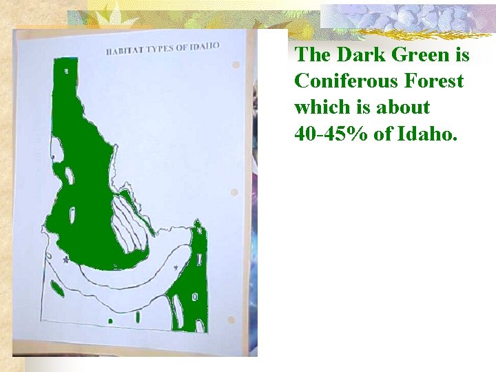 n The Dark Green is Coniferous Forest which is about 40 -45% of Idaho.