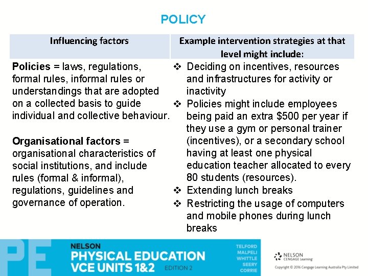 POLICY Influencing factors Example intervention strategies at that level might include: Policies = laws,