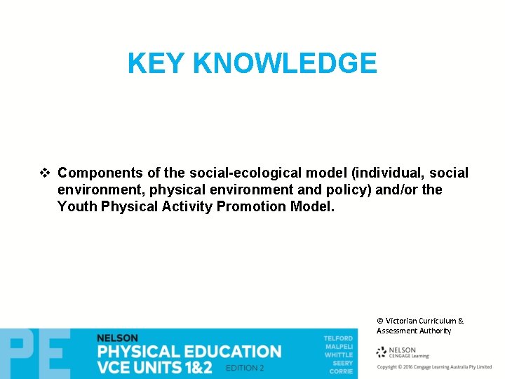 KEY KNOWLEDGE v Components of the social-ecological model (individual, social environment, physical environment and