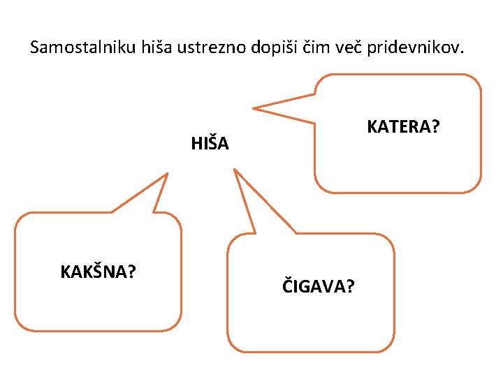 Samostalniku hiša ustrezno dopiši čim več pridevnikov. KKATERA? HIŠA KAKŠNA? ČIČIGAVA? 