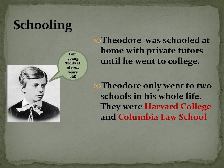 Schooling Theodore was schooled at I am young Teddy at eleven years old! home