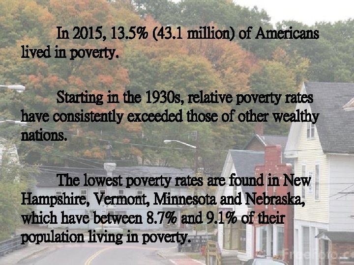 In 2015, 13. 5% (43. 1 million) of Americans lived in poverty. Starting in